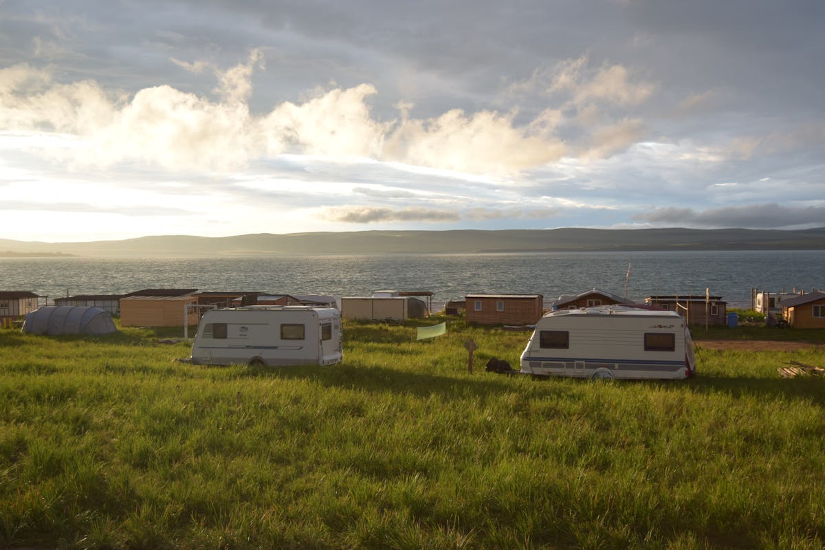 Caravans set against Scottish moorland landscape