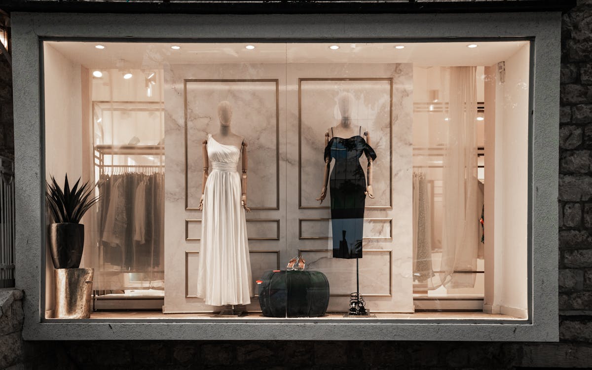 Stylish window display showcasing modest fashion pieces